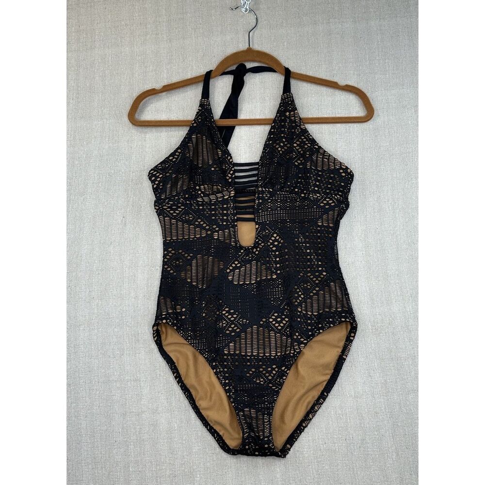 Mossimo Black Nude Crochet Lace Overlay One Piece Halter Strappy Small Swimsuit